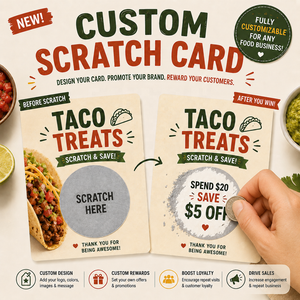 Tarjetas Rasca y Gana Personalizables al por Mayor con Logotipo y Tamaño a Medida para Cualquier Negocio de Alimentos, Tarjetas de Descuento - Product Image 1