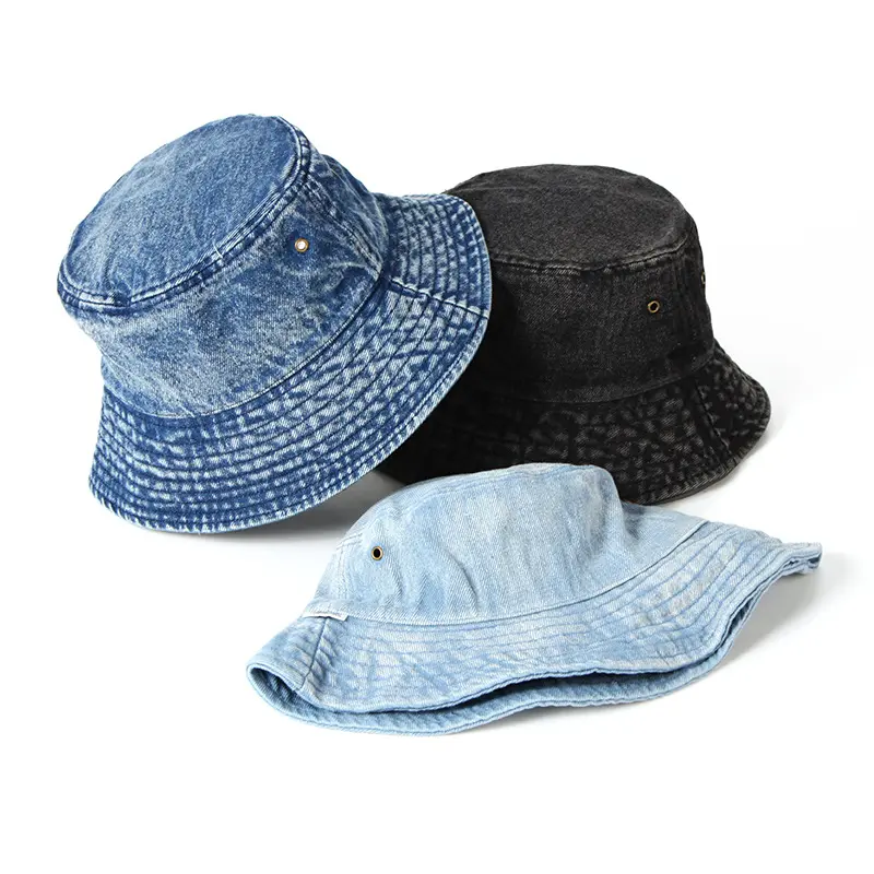 En kaliteli yıkanmış Denim kova şapka geniş Brim pamuk balıkçı güneş şapkası plaj boş yaz erkek şapka