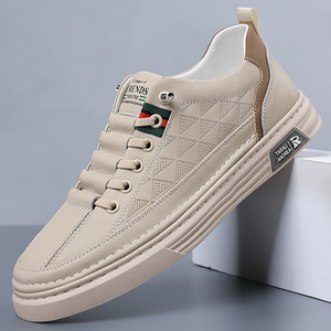 Baskets décontractées pour hommes en cuir véritable, bout rond, semelle souple en caoutchouc, motif géométrique, à lacets, chaussures de marche - Product Image 1