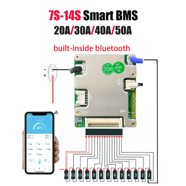 JBD BMS Smart 10S 36V 48V 14S BMS 13S 20A 30A 40A 50A BMS 7S 24V 8S 11S 12S Battery Management Systems For 18650 Electric Bike