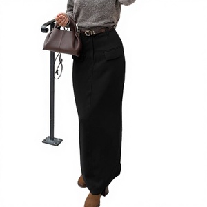 Women's High Waist Black Straight Ankle-Length <b>Skirt</b> Pockets Minimalist Style Breathable <b>Summer</b> Polyester Spandex Blend - Product Image 3
