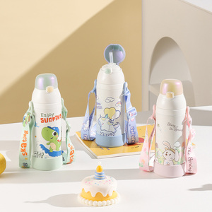 PINKAH Bouteille d'eau isotherme en acier inoxydable à double paroi de 520 ml pour enfants avec paille et couvercle à sangle pour l'école et les voyages - Product Image 2