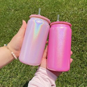 16Oz Blank Sublimation Rainbow Shimmer Glitter Clear Sparkling Coffee Cup <b>Beer</b> Can Shaped Glass With Rhinestone Lid - Product Image 4