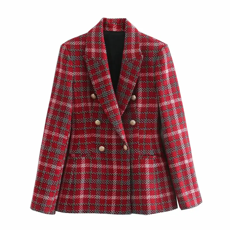 European and American Style Autumn and Winter New Temperament Retro Style Red Checker Double breasted Suit Coat