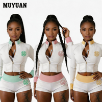 Conjunto de 2 Piezas: Chaqueta Corta con Cuello Alto y Shorts de Cintura Alta con Efecto Levanta Glúteos, Estilo Vanguardista, Minimalista y Urbano para Verano