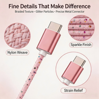 Kabel Data Transfer USB-C Pink Bling Kepang 3m PD Pengisian Cepat 100W Kualitas Tinggi CC-143 Konduktor Tembaga Murni untuk Ponsel