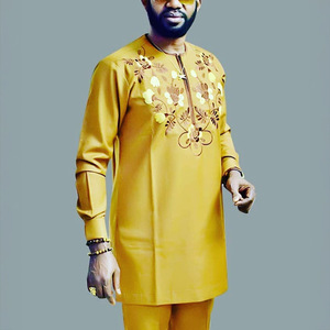 <span class=keywords><strong>Abito</strong></span> da <span class=keywords><strong>uomo</strong></span> islamico <span class=keywords><strong>giallo</strong></span> O collo a manica lunga 2 pezzi set di abiti tradizionali africani ricami taglie forti - Product Image 5