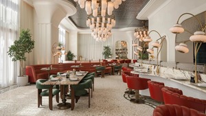 Ensemble de meubles d'hôtel modernes, canapé en velours en forme de L avec chaises vertes et tables rondes pour usage commercial - Product Image 2