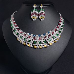 Ensemble collier et boucles d'oreilles de mariée en zircon micro-incrusté, style européen et américain, luxe industriel, bijoux de banquet de luxe - Product Image 6