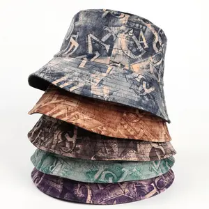 2024 New Cotton Letter Print Double-Sided Fisherman Hats Vintage Sun Visor Hat Fold Suede Reversible Bucket Hat Cap