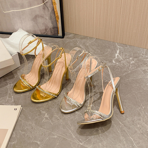New Versatile Sexy Fashion Slim Heels Gold Silver Button Strap Rhinestone High Heels 2023 - Product Image 5