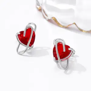 Wholesale sterling silver 925 jewelry customize sexy ruby red gemstone love heart studs earrings