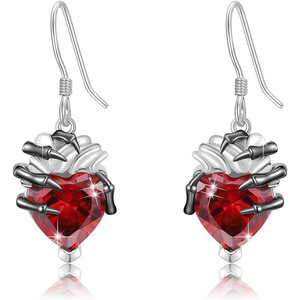 Gothic Heart Skull Hand <b>Drop</b> <b>Earrings</b> <b>Red</b> Crystal Zinc Alloy Party Jewelry for Women Halloween Style - Product Image 1