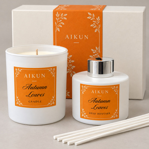 Aikun 2 Piece White Ceramic Glass Autumn Leaves Scented <b>Candle</b> And Reed Diffuser Gift <b>Set</b> in Presentation Box for Housewarming - Product Image 1