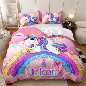 Juego de cama de poliéster personalizable para dormitorio Juego de funda nórdica 3D Unicorn Girls - Product Image 1