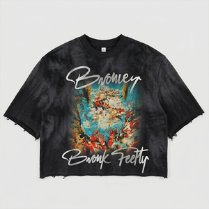 Camisetas Cortas de Cuello Redondo de Algodón Grueso con Estampado Gráfico Tie-Dye, Bajo Deshilachado, Estilo Urbano Vintage Retro Casual - Product Image 1