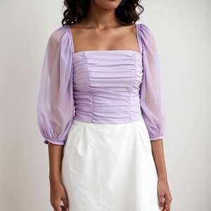 Camicetta Top in cotone elasticizzato con collo quadrato Olaesa moda donna Top blusa in Organza viola manica a sbuffo in cotone elasticizzato - Product Image 1