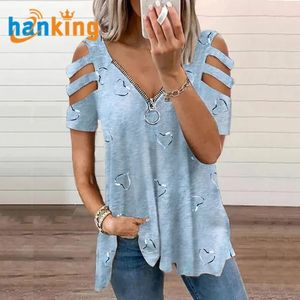 Camiseta Holgada Informal de Verano para Mujer, Moda Femenina, Estampado de Corazón, Sexy, Talla Grande, Hombro Descubierto, Cremallera, Manga Corta, Top J0035 - Product Image 6