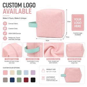 Private Label Canvas Square Organizer <b>Bag</b> with Carry Handle Zipper Cosmetic Storage Pouch for Travel and Brand Promotion - Product Image 2