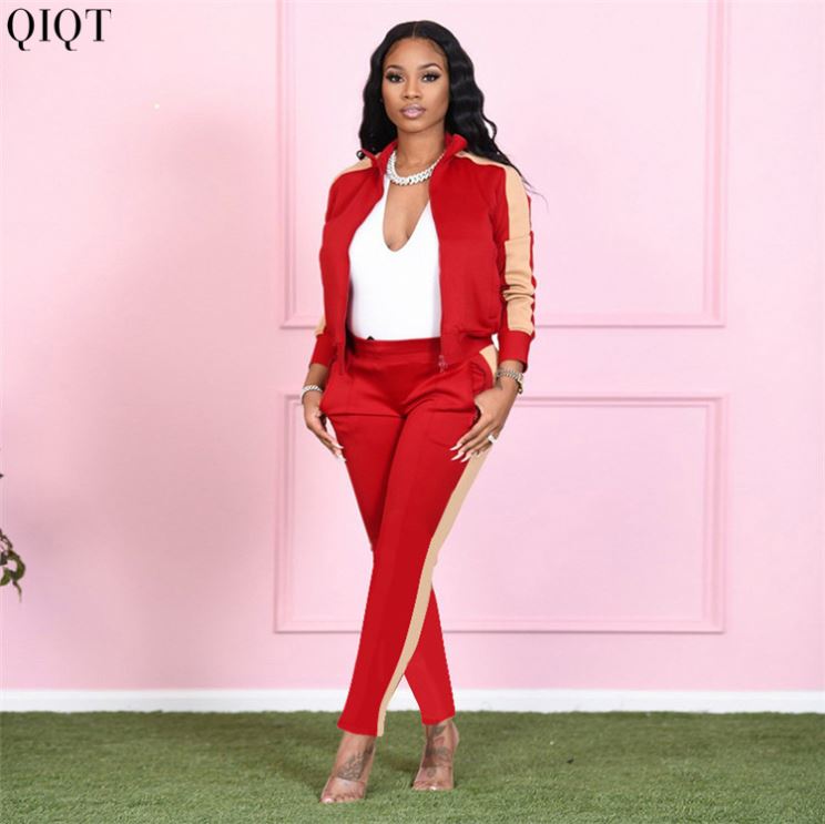 Женский Брючный комплект из двух предметов, куртка на молнии с длинным рукавом и брюки в стиле пэчворк, осенний комплект из двух предметов