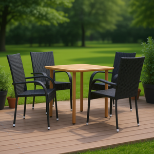 Outdoor <b>Dining</b> Set 4 Seater Black Acacia Wood Garden Furniture <b>Stackable</b> Contemporary Style Deck Table <b>Chairs</b> Set - Product Image 2