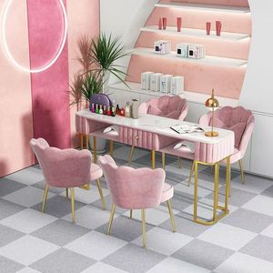 Table de manucure moderne en marbre rose et métal, mobilier de salon de beauté commercial - Product Image 3