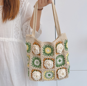 Handmade Woven Bag Camellia Customizable Crochet Yarn Granny <b>Square</b> Floral Shoulder Knitted Vacation Aesthetic Ready Bags - Product Image 2