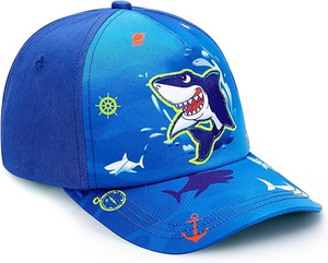 Casquette de baseball sportive 5 panneaux pour enfants, imprimé requin de dessin animé, avec visière incurvée, réglable et protection solaire, idéale pour garçons et filles en été - Product Image 1