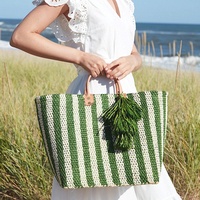 Sac fourre-tout de luxe fait main pour femme, en crochet, en paille tressée, sac de plage rayé avec pompons, vente en gros