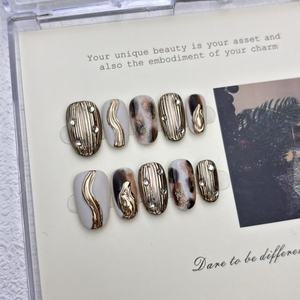 Nouveau produit lancé, <span class=keywords><strong>ongles</strong></span> press-on faits main de luxe couleur café, effet dégradé, ruban plissé, œil de chat, années dorées - Product Image 2
