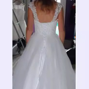 Wedding Dress A-Line V-Neck Lace Tulle White Simple Natural Waistline Short Train - Product Image 3