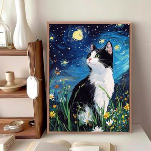 Dipinto Digitale a Olio <span class=keywords><strong>di</strong></span> Songwoo <span class=keywords><strong>Van</strong></span> <span class=keywords><strong>Gogh</strong></span>: Gatto con Motivo a Spirale Cielo Stellato, Gattino Tuxedo Carino in Prato Colorato con Fiori Selvatici - Dipingi con i Numeri - Product Image 3