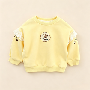 Sudadera de moda <span class=keywords><strong>Nina</strong></span> suave y transpirable para niñas, con diseño de animales de dibujos animados en el pecho, detalle de encaje en las mangas, jersey, venta al por mayor con MOQ bajo - Product Image 2
