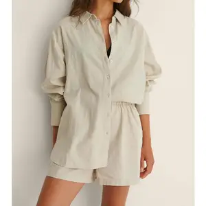 Custom Women White Loungewear Long Sleeve Hemp Shirt Blouse 2 Pieces Set Shorts Linen Shirt For Ladies