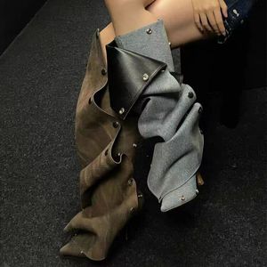 New Arrival Western Botas Alto 7.5CM Thin Heel Studded Decorated Denim Wide Calf Mujer <b>Boots</b> for Women - Product Image 3