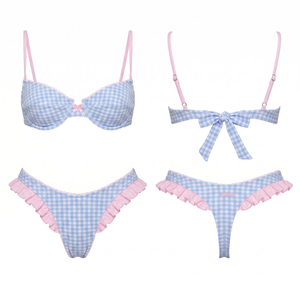 Vente en gros OEM, Logo personnalisé, <span class=keywords><strong>Maillot</strong></span> <span class=keywords><strong>de</strong></span> <span class=keywords><strong>bain</strong></span> bikini pour femme, coupe balconnet, à armatures, coupe haute, string, motif carreaux bleus, avec bordure à volants, tenue <span class=keywords><strong>de</strong></span> plage - Product Image 1