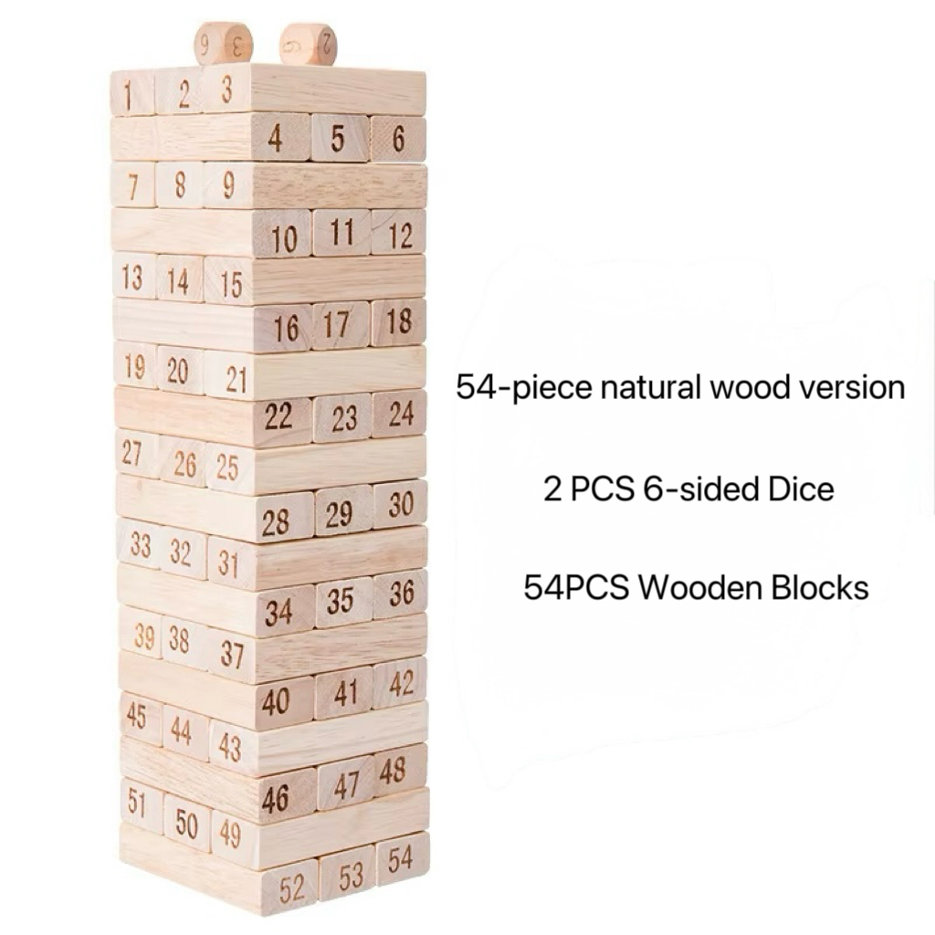 Madera - Jenga de 54 piezas + 2 dados - Madera natural