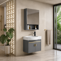 Meuble-lavabo mural étroit en aluminium pour petits espaces, avec vasque ovale, miroir et unité de rangement pour salle de bain ou toilettes.