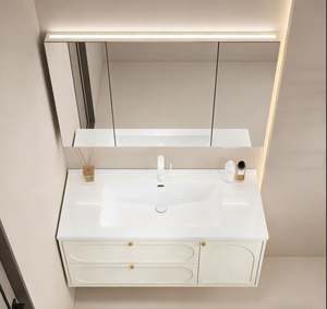 Customized 5 Star Hotel Luxury <b>Bathroom</b> <b>Cabinet</b> Wall Hung Double Sink Solid <b>Wood</b> Marble Top Smart <b>Mirror</b> <b>With</b> LED Lighting - Product Image 4