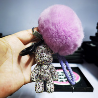 Offre Spéciale Mode De Luxe En Cuir Tressé Brin Plein Cristal Ours Pendentif Porte-clés Moelleux Pompon Porte-clés