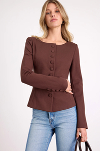 Women's Brown Square Collar <b>Blazer</b> Full Sleeve Button Front Anti-Wrinkle Solid Color Autumn Wear - Product Image 3