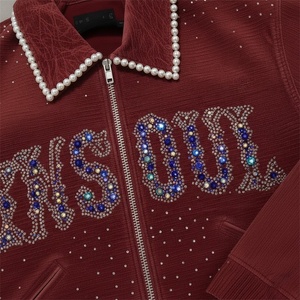 Giacca in Velluto a Coste con Zip per Uomo, Stile Vintage Oversize Personalizzato con Perle e Strass, <span class=keywords><strong>Streetwear</strong></span> ES - Product Image 2