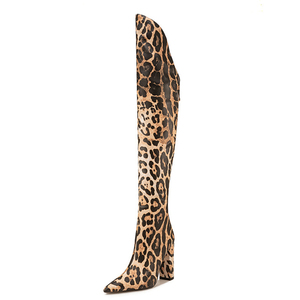 Bottes hautes pour femme à imprimé léopard avec fermeture éclair arrière, talon épais, bout pointu, coupe en V, grande taille 47 - Product Image 2