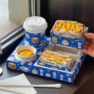 Sandwich Packaging <b>Box</b> with Embedded Thick Egg Toast Packaging Ins Restaurant Coffee Shop Drink Cup Paper Tray - Product Image 3