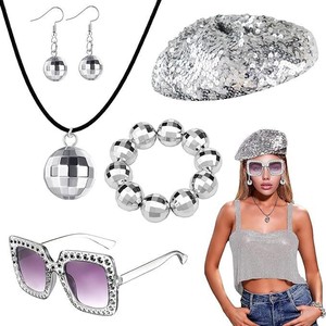 Conjunto de Accesorios Retro Años 70, Peluca <span class=keywords><strong>Afro</strong></span>, Gafas de Sol con Pedrería, Joyería de Bola <span class=keywords><strong>Disco</strong></span> para Fiestas Temáticas de Halloween y Disfraces - Product Image 4