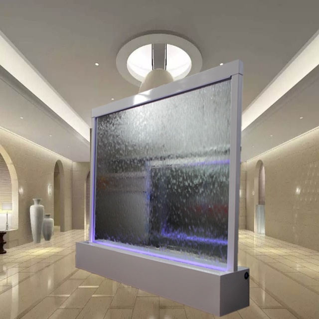 Factory Direct Luxury Rectangle Tempered Transparent Glass Stainless Steel Indoor Wall Waterfall Water Fountain LED Display