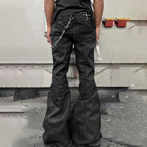 <span class=keywords><strong>Jean</strong></span> YUCE personnalisé streetwear <span class=keywords><strong>noir</strong></span> <span class=keywords><strong>enduit</strong></span>, coupe bootcut évasée, empilé, pour homme, coupe décontractée slim, jambe large cirée, entrejambe long, en denim - Product Image 2