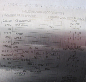 Motor de lavado BALDOR CSSWDM3541 USADO, 0.75HP, 230V, 1;16;8, Memoria de datos I/O EEPROM EPROM - Product Image 2