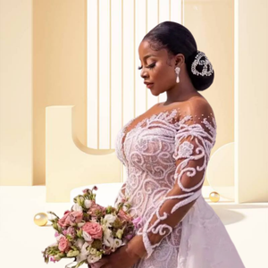 Nouvelle Robe de Mariée Sirène Africaine 2023, Coupe Ajustée, Manches Longues, Dentelle Couleur Chair, Col Rond, avec Liens, Robe de Mariée Nuptiale - Product Image 4