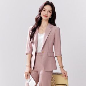 Pink Suit Set Women Three Quarter Sleeve Lightweight Breathable Formal Commute Wear - Product Image 3